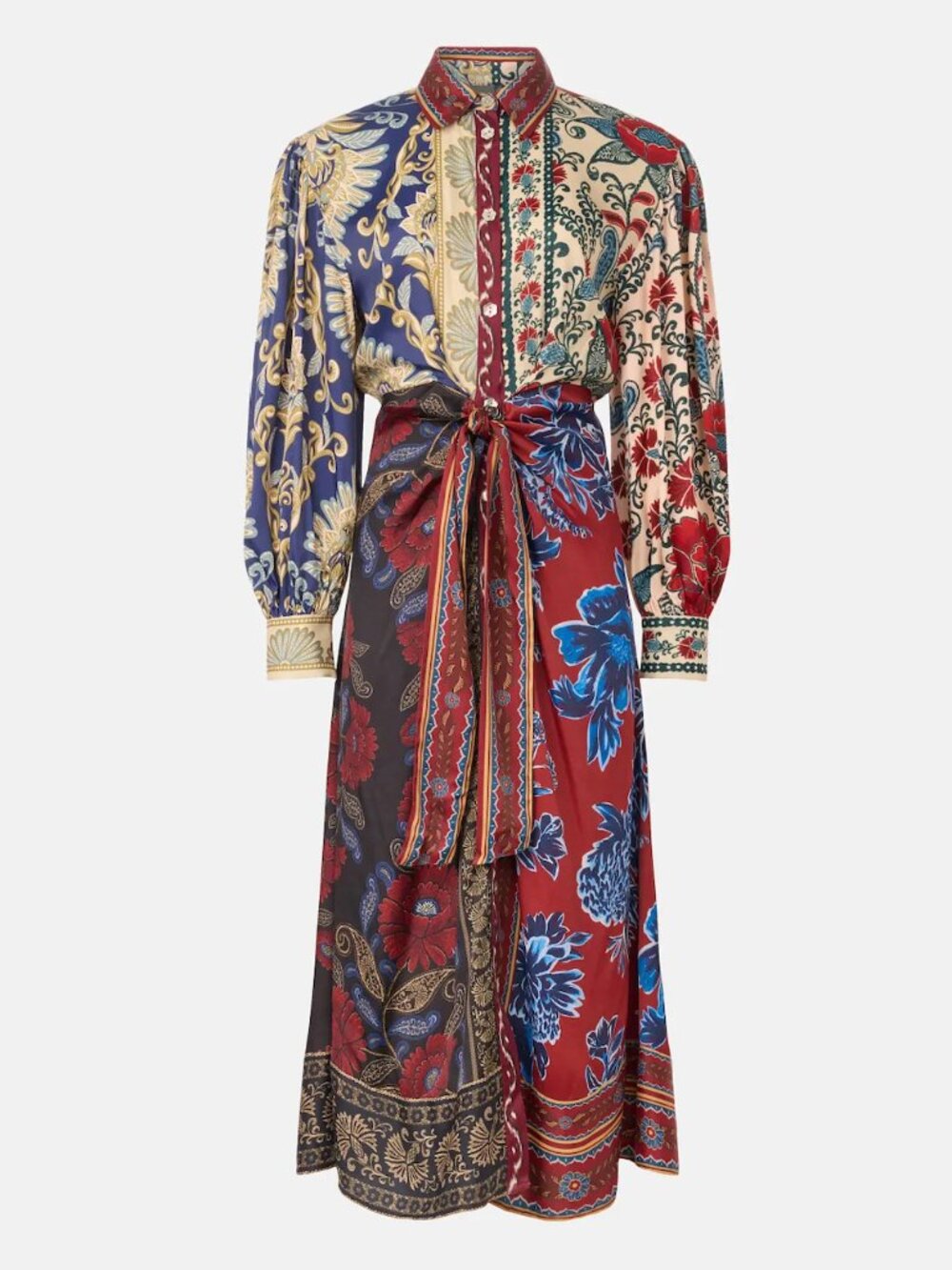 FARM Rio Navy Winter Mix Midi Dress in Brown Red Cream Floral Long Sleeve XS